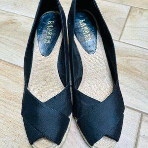 Ralph Lauren Womens Black Linen Timeless Wedge Espadrille Shoe Sz 9